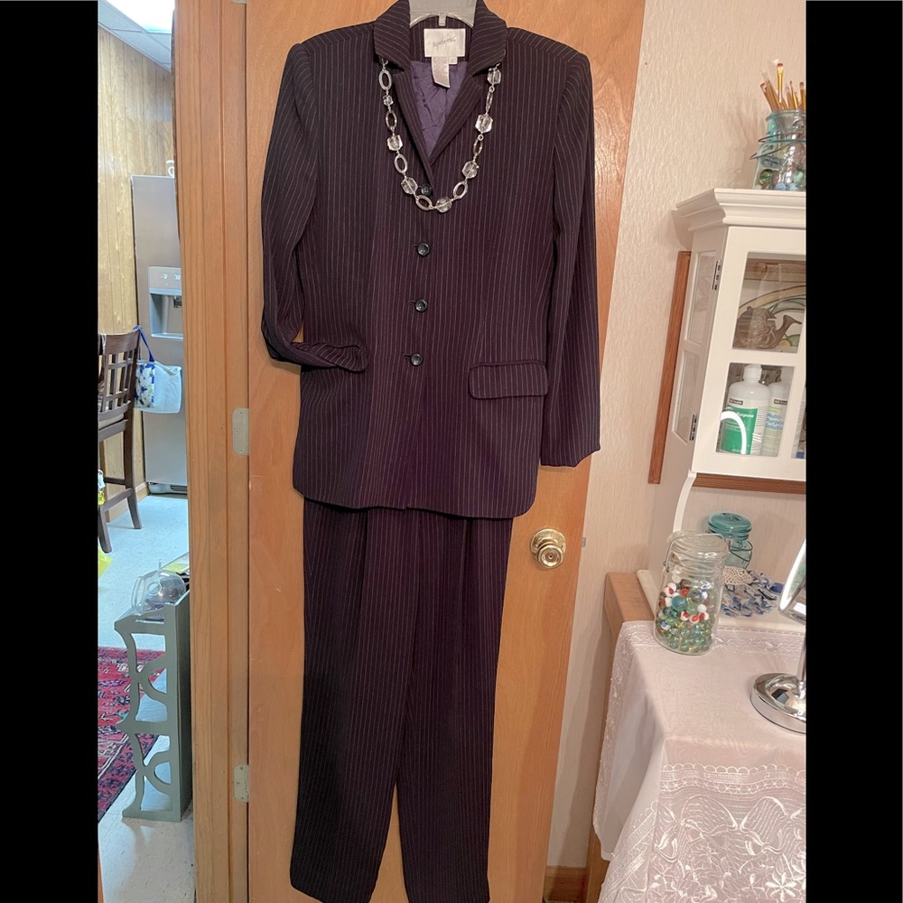 Vintage Jacqueline Ferra navy and white pin striped suit